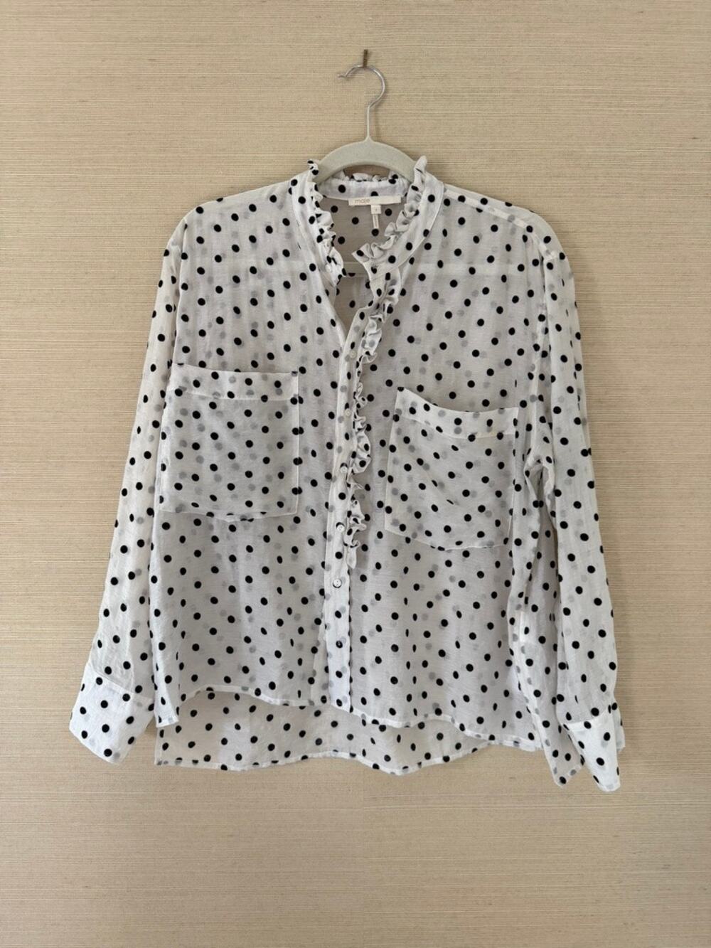 Maje White Polka Dot Flocked Lyocell Ruffle Blouse – Size S